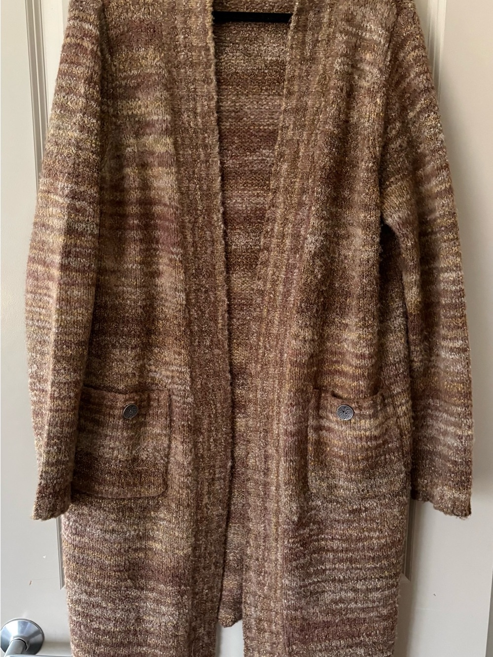Prana Long Marled Open-Front Cardigan in Brown and Cream Blend